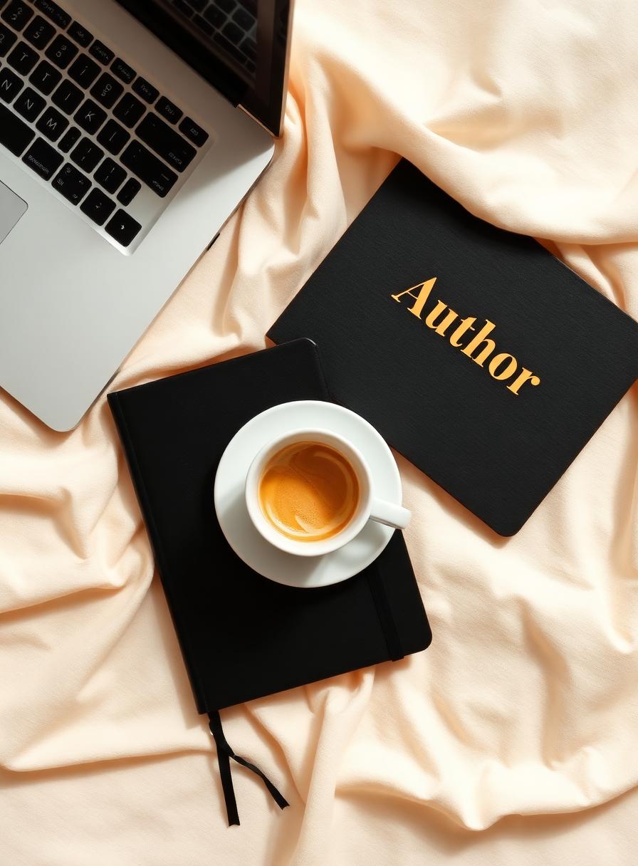 Author planning flatlay with notebook and laptop